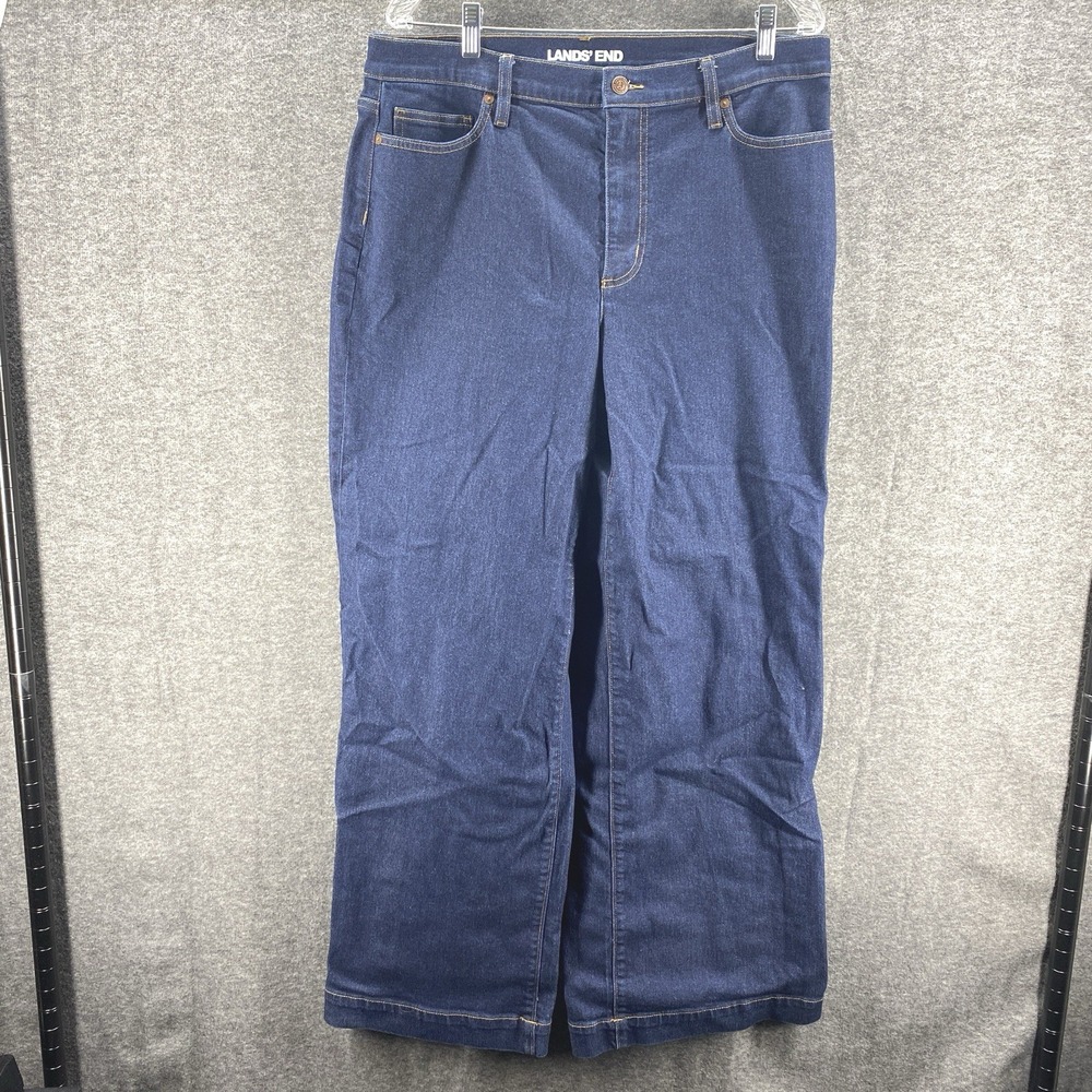 Lands' End Wide Leg Jeans Womens 16 Blue High Rise Dark Wash Stretch Denim